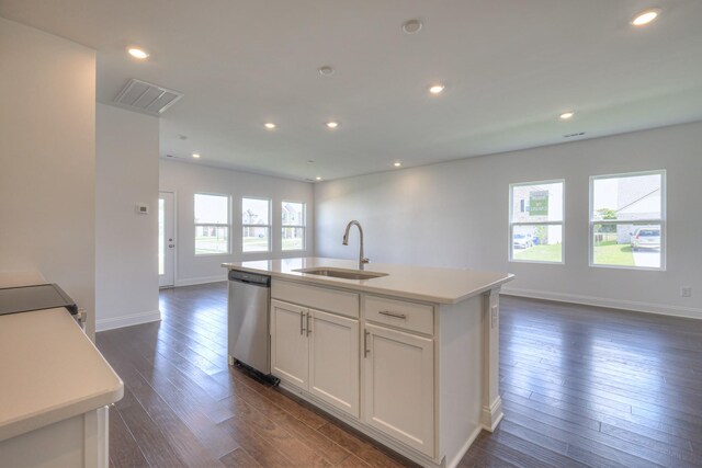 3600 Elene Way, Murfreesboro, TN 37129 - kitchen with dishwasher, open floor plan, dark wood-style flooring, light countertops, and white cabinetry