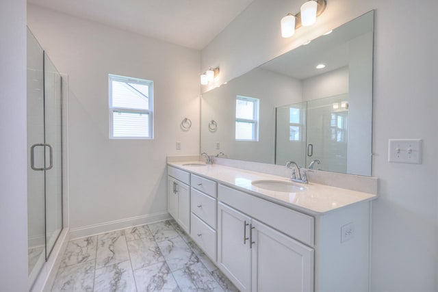 3600 Elene Way, Murfreesboro, TN 37129 - bathroom with marble finish floors, healthy amount of natural light, double vanity, and a shower stall