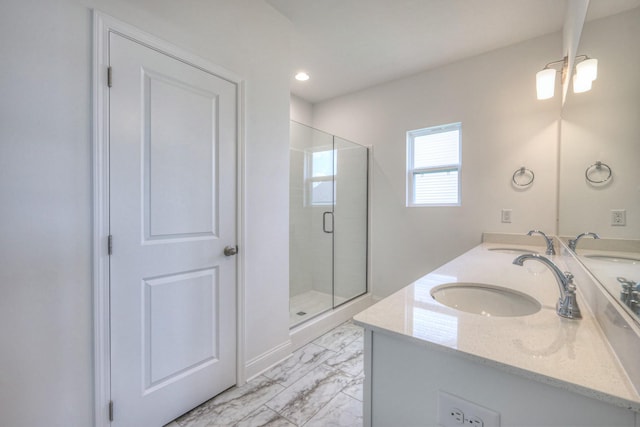 3600 Elene Way, Murfreesboro, TN 37129 - bathroom with marble finish flooring, double vanity, a stall shower, and recessed lighting