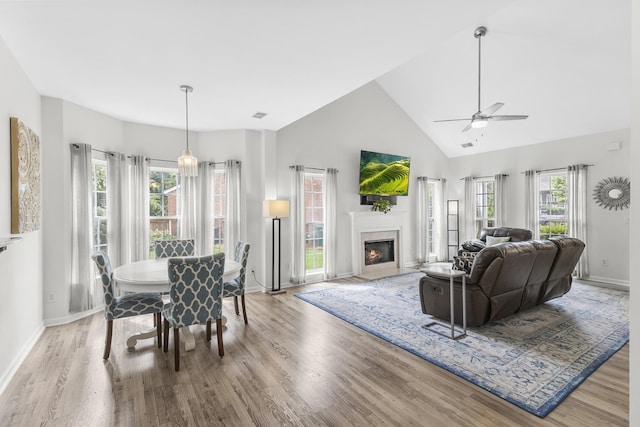 2003 Solomon Ct, Spring Hill, TN 37174 - dining room with wood finished floors, ceiling fan, a fireplace with flush hearth, and high vaulted ceiling