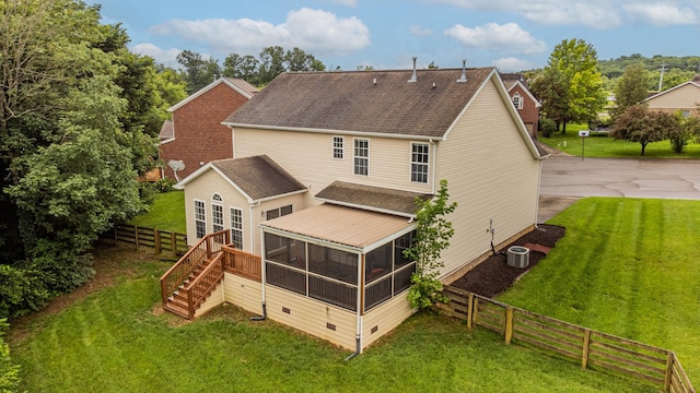2003 Solomon Ct, Spring Hill, TN 37174 - back of property with a sunroom, stairs, a shingled roof, and a deck