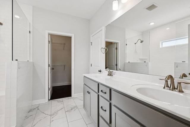 321 Twelve Oaks Ln, Lebanon, TN 37087 - full bathroom with tiled shower, double vanity, a spacious closet, and marble finish floors
