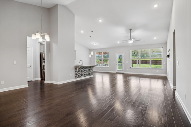 321 Twelve Oaks Ln, Lebanon, TN 37087 - unfurnished living room with dark wood finished floors, a ceiling fan, recessed lighting, and high vaulted ceiling