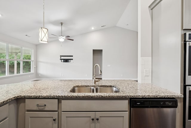 321 Twelve Oaks Ln, Lebanon, TN 37087 - kitchen with appliances with stainless steel finishes, ceiling fan, light stone countertops, vaulted ceiling, and gray cabinets