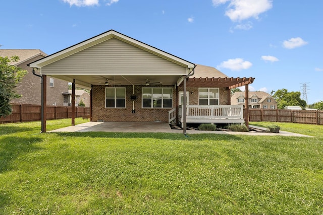 321 Twelve Oaks Ln, Lebanon, TN 37087 - back of house with a ceiling fan, a pergola, a fenced backyard, a patio area, and brick siding