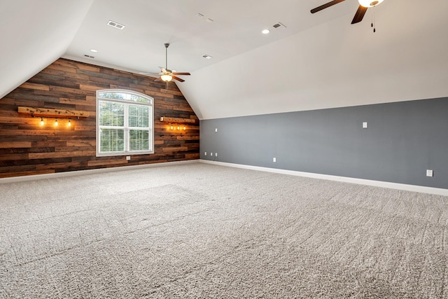 429 Acacia Grove Ln, Lebanon, TN 37087 - additional living space with a ceiling fan, wood walls, lofted ceiling, and carpet