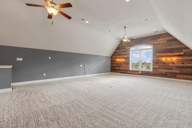 429 Acacia Grove Ln, Lebanon, TN 37087 - additional living space with wood walls, a ceiling fan, vaulted ceiling, carpet floors, and recessed lighting