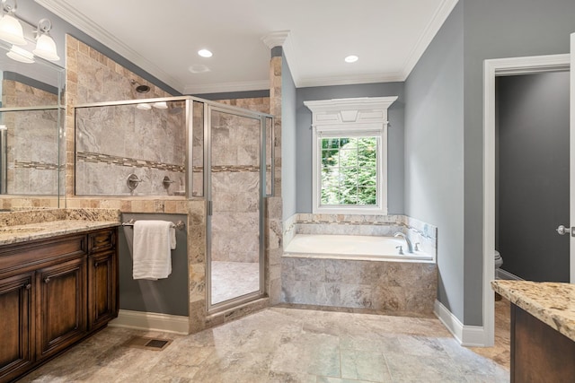 429 Acacia Grove Ln, Lebanon, TN 37087 - bathroom with vanity, a garden tub, a shower stall, crown molding, and recessed lighting