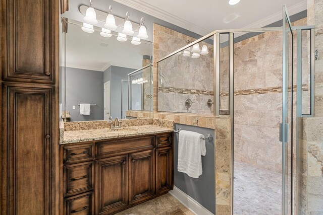 429 Acacia Grove Ln, Lebanon, TN 37087 - full bathroom with vanity, a stall shower, and ornamental molding