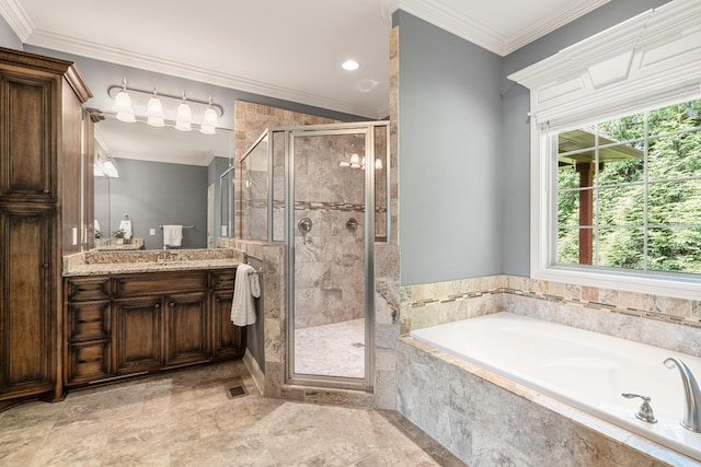429 Acacia Grove Ln, Lebanon, TN 37087 - full bath with a garden tub, vanity, a stall shower, and crown molding