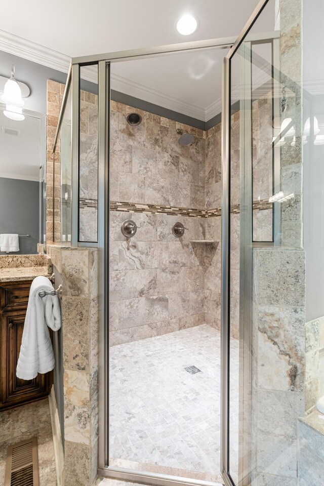 429 Acacia Grove Ln, Lebanon, TN 37087 - full bathroom with crown molding, a shower stall, and vanity