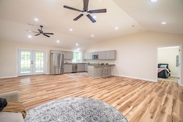 255 Second Creek Rd, Five Points, TN 38457 - living room featuring lofted ceiling, ceiling fan, light wood-style floors, recessed lighting, and french doors
