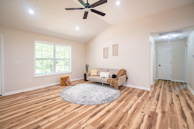 255 Second Creek Rd, Five Points, TN 38457 - living area featuring attic access, ceiling fan, light wood-type flooring, lofted ceiling, and recessed lighting