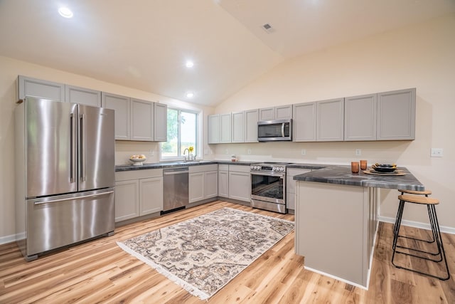255 Second Creek Rd, Five Points, TN 38457 - kitchen featuring appliances with stainless steel finishes, gray cabinetry, a peninsula, dark countertops, and light wood-style flooring
