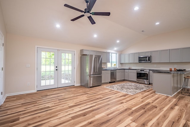 255 Second Creek Rd, Five Points, TN 38457 - kitchen with appliances with stainless steel finishes, gray cabinets, light wood-style flooring, french doors, and recessed lighting