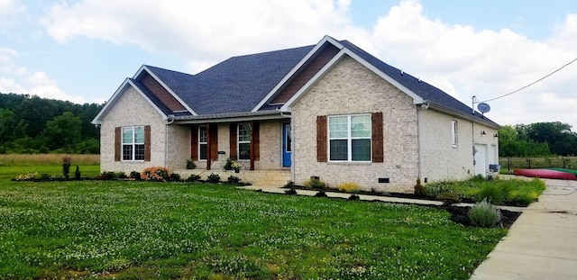 178 Putman Well Rd, Rockvale, TN 37153 - view of front facade featuring brick siding, a front lawn, a garage, crawl space, and covered porch