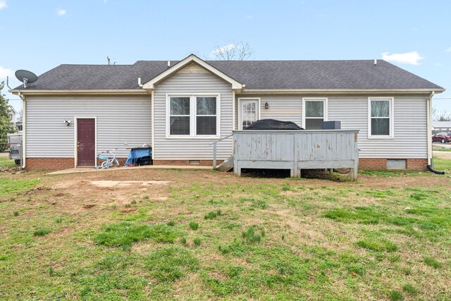 919 Desota Ln, Oak Grove, KY 42262 - rear view of house with crawl space, a deck, a yard, and roof with shingles