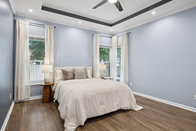721 Shadowlawn Ct, Franklin, TN 37069 - bedroom featuring ornamental molding, wood finished floors, a raised ceiling, recessed lighting, and a ceiling fan
