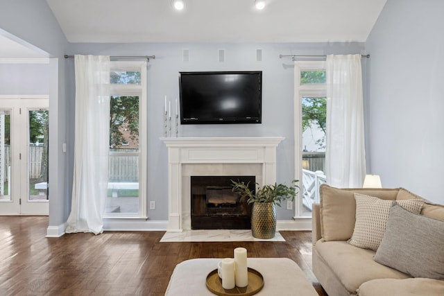 721 Shadowlawn Ct, Franklin, TN 37069 - living room featuring wood finished floors, a high end fireplace, and recessed lighting