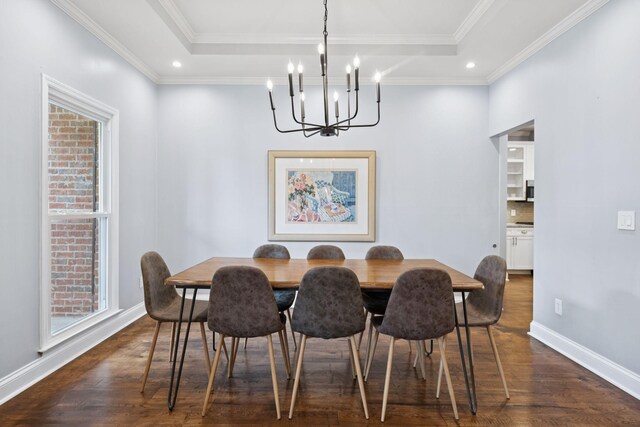 721 Shadowlawn Ct, Franklin, TN 37069 - dining room with dark wood-style flooring, a chandelier, a tray ceiling, recessed lighting, and ornamental molding