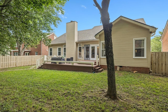 721 Shadowlawn Ct, Franklin, TN 37069 - rear view of house featuring a fenced backyard, a wooden deck, roof with shingles, crawl space, and a chimney