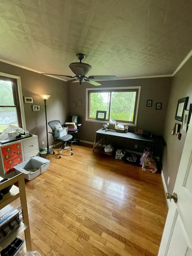 412 Howard Cir, Chattanooga, TN 37411 - office area featuring crown molding, wood finished floors, a ceiling fan, and an ornate ceiling