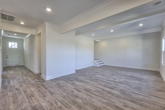 2269 Kai Dr, Murfreesboro, TN 37129 - spare room featuring ornamental molding, stairway, wood finished floors, and recessed lighting