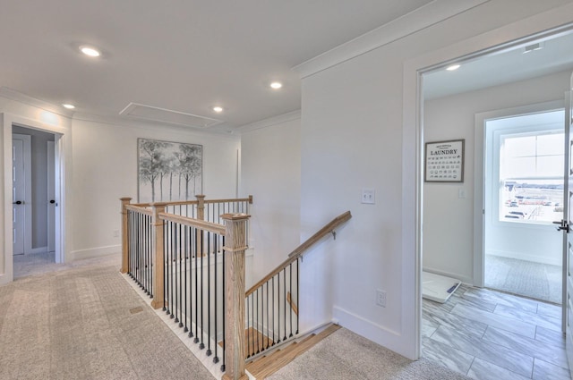 2816 Kai Dr, Murfreesboro, TN 37129 - hallway with attic access, an upstairs landing, recessed lighting, and crown molding