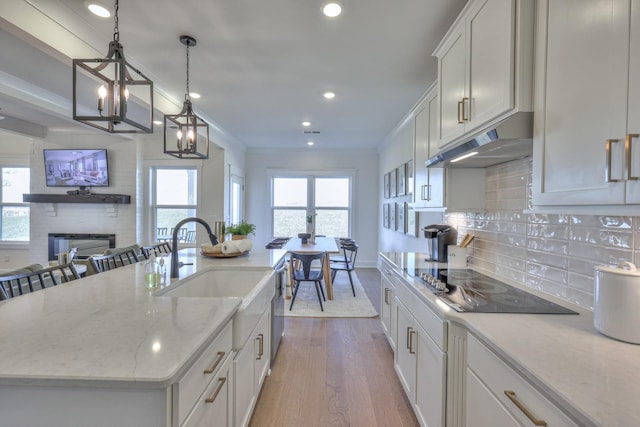 2816 Kai Dr, Murfreesboro, TN 37129 - kitchen with under cabinet range hood, black electric cooktop, recessed lighting, wood finished floors, and tasteful backsplash