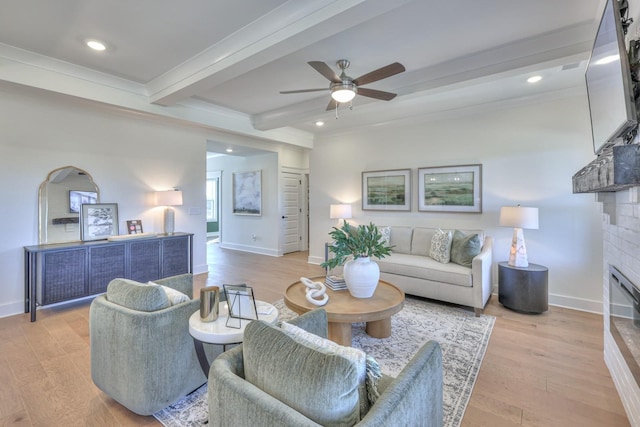 2816 Kai Dr, Murfreesboro, TN 37129 - living area featuring a glass covered fireplace, beamed ceiling, ceiling fan, wood finished floors, and recessed lighting