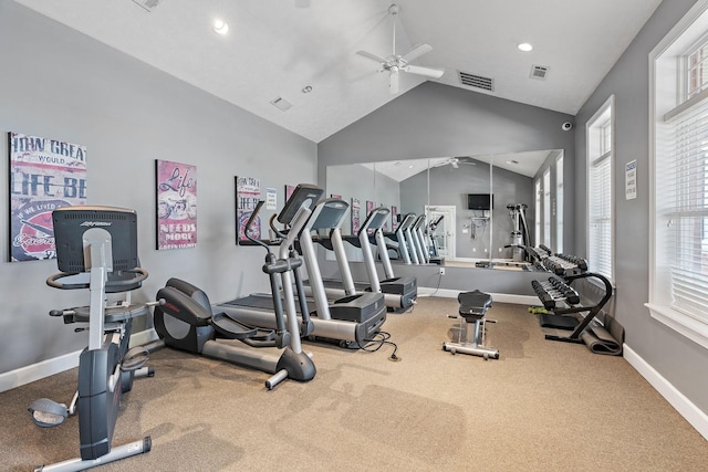1108 Somerset Springs Dr, Spring Hill, TN 37174 - exercise room featuring a ceiling fan, lofted ceiling, recessed lighting, and carpet flooring