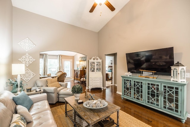 395 Devon Chase Hl Unit 3002, Gallatin, TN 37066 - living area with arched walkways, high vaulted ceiling, a ceiling fan, and wood finished floors
