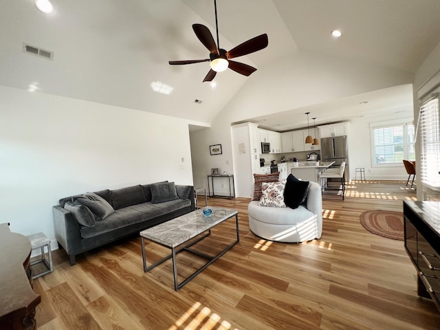 543 2nd Ave N, Lewisburg, TN 37091 - living area with a ceiling fan, light wood-style floors, high vaulted ceiling, and recessed lighting