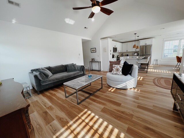 543 2nd Ave N, Lewisburg, TN 37091 - living room featuring ceiling fan, high vaulted ceiling, and light wood-style floors