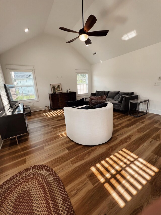 543 2nd Ave N, Lewisburg, TN 37091 - living area with ceiling fan, wood finished floors, and high vaulted ceiling