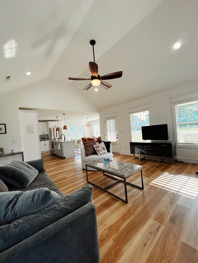 543 2nd Ave N, Lewisburg, TN 37091 - living area with healthy amount of natural light, ceiling fan, lofted ceiling, and light wood-style floors