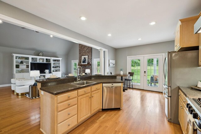 1387 Floyd Rd, Eagleville, TN 37060 - kitchen featuring dishwasher, french doors, light brown cabinetry, lofted ceiling, and open floor plan