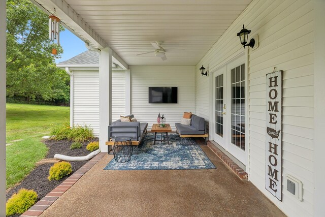 1387 Floyd Rd, Eagleville, TN 37060 - view of patio featuring a ceiling fan, french doors, and an outdoor living space