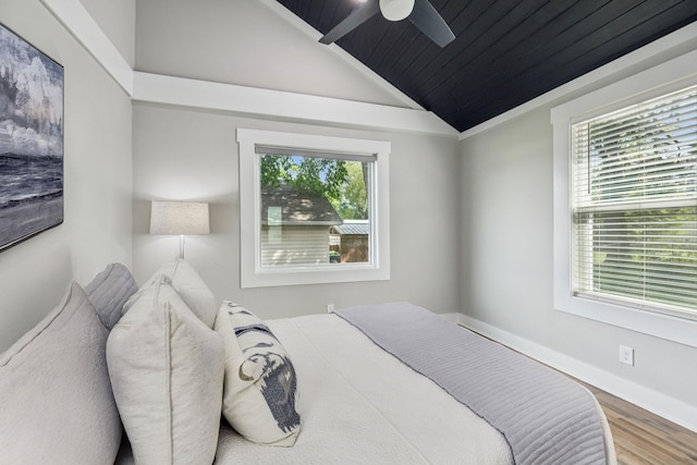 410 Campbell Ave, Tullahoma, TN 37388 - bedroom featuring wood finished floors, lofted ceiling, wood ceiling, and ceiling fan
