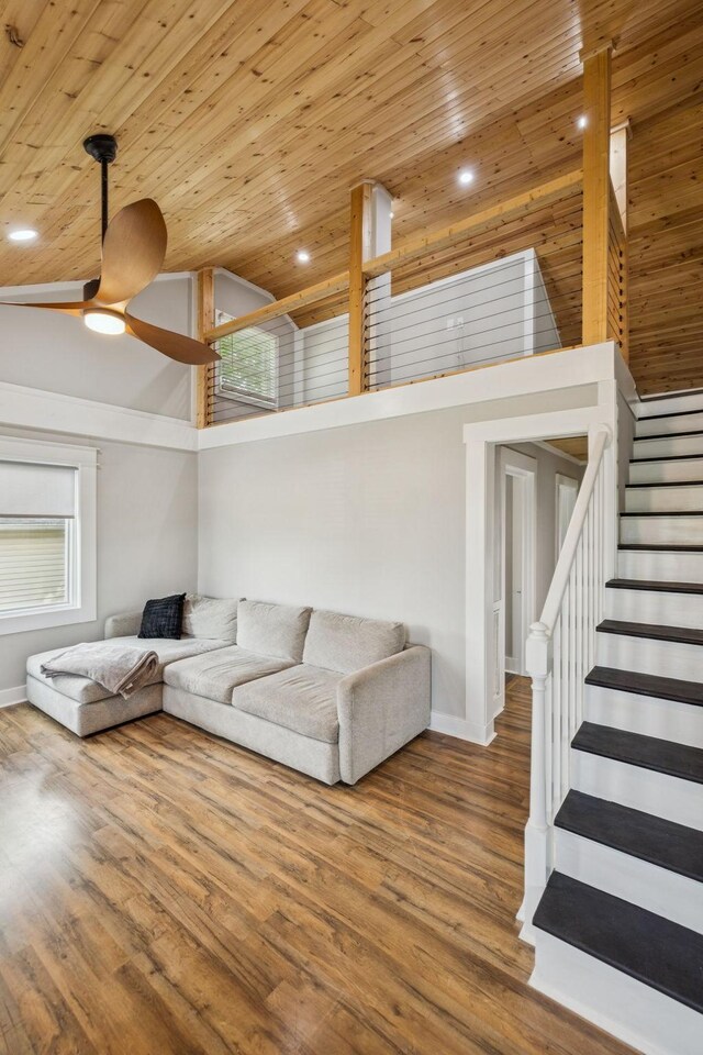 410 Campbell Ave, Tullahoma, TN 37388 - living room featuring wood ceiling, wood finished floors, ceiling fan, stairway, and recessed lighting
