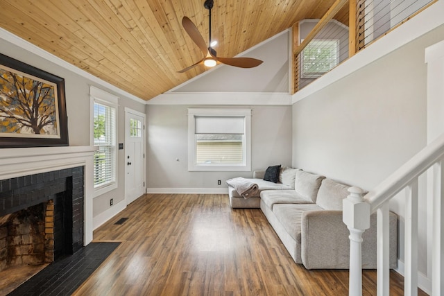 410 Campbell Ave, Tullahoma, TN 37388 - living area featuring wood ceiling, ceiling fan, high vaulted ceiling, a fireplace, and wood finished floors