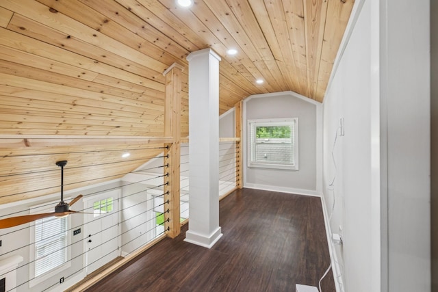 410 Campbell Ave, Tullahoma, TN 37388 - hall with vaulted ceiling, wood ceiling, dark wood-style flooring, recessed lighting, and an upstairs landing