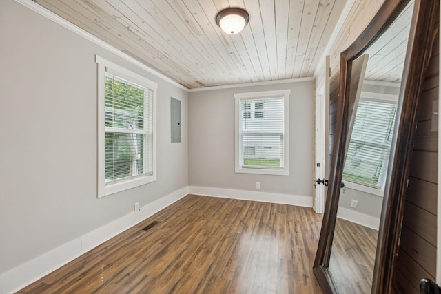 410 Campbell Ave, Tullahoma, TN 37388 - spare room with ornamental molding, plenty of natural light, wooden ceiling, electric panel, and dark wood finished floors