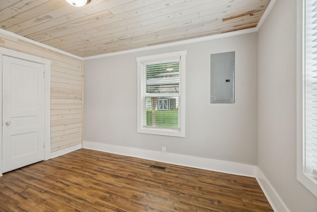 410 Campbell Ave, Tullahoma, TN 37388 - unfurnished bedroom featuring wooden ceiling, electric panel, crown molding, and dark wood-style floors