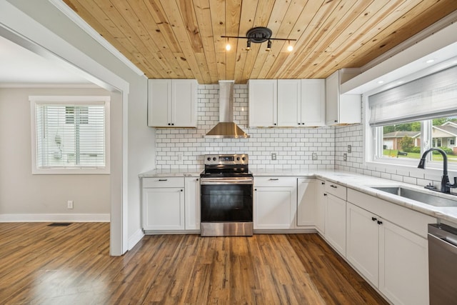 410 Campbell Ave, Tullahoma, TN 37388 - kitchen with appliances with stainless steel finishes, wood ceiling, wall chimney exhaust hood, dark wood finished floors, and tasteful backsplash