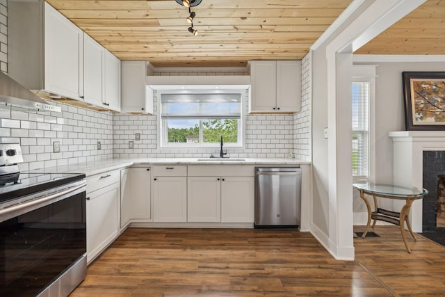 410 Campbell Ave, Tullahoma, TN 37388 - kitchen featuring stainless steel appliances, wooden ceiling, a fireplace, white cabinetry, and decorative backsplash