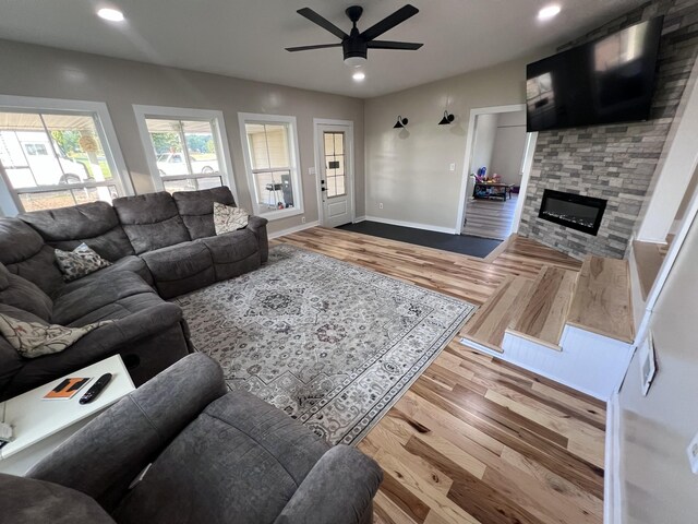11 Jess Long Ln, Hillsboro, TN 37342 - living room featuring a ceiling fan, wood finished floors, a fireplace, and recessed lighting