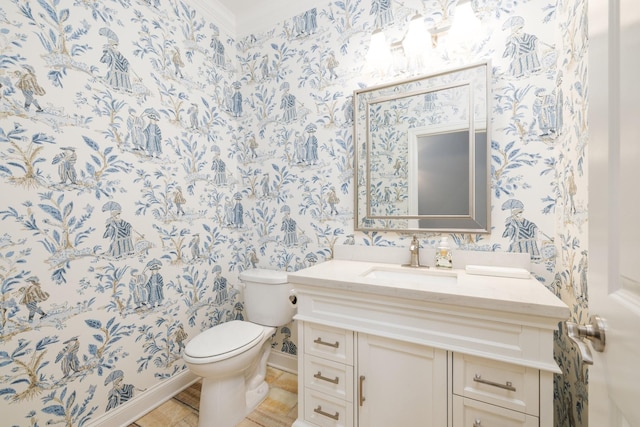 6826 Falls Ridge Ln, College Grove, TN 37046 - half bath with wallpapered walls, vanity, and ornamental molding