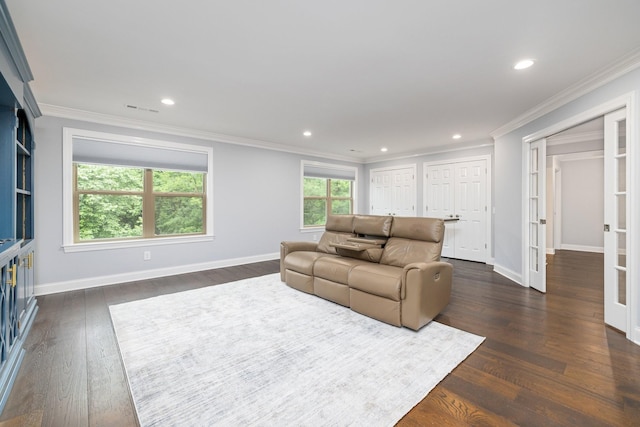 6826 Falls Ridge Ln, College Grove, TN 37046 - living room with dark wood-style floors, ornamental molding, and recessed lighting