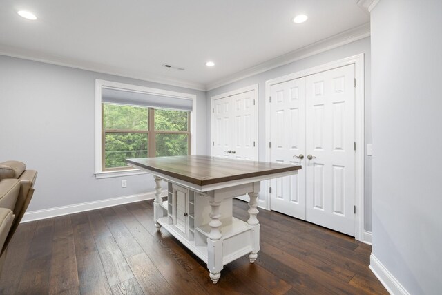 6826 Falls Ridge Ln, College Grove, TN 37046 - dining room featuring crown molding, dark wood-style floors, and recessed lighting